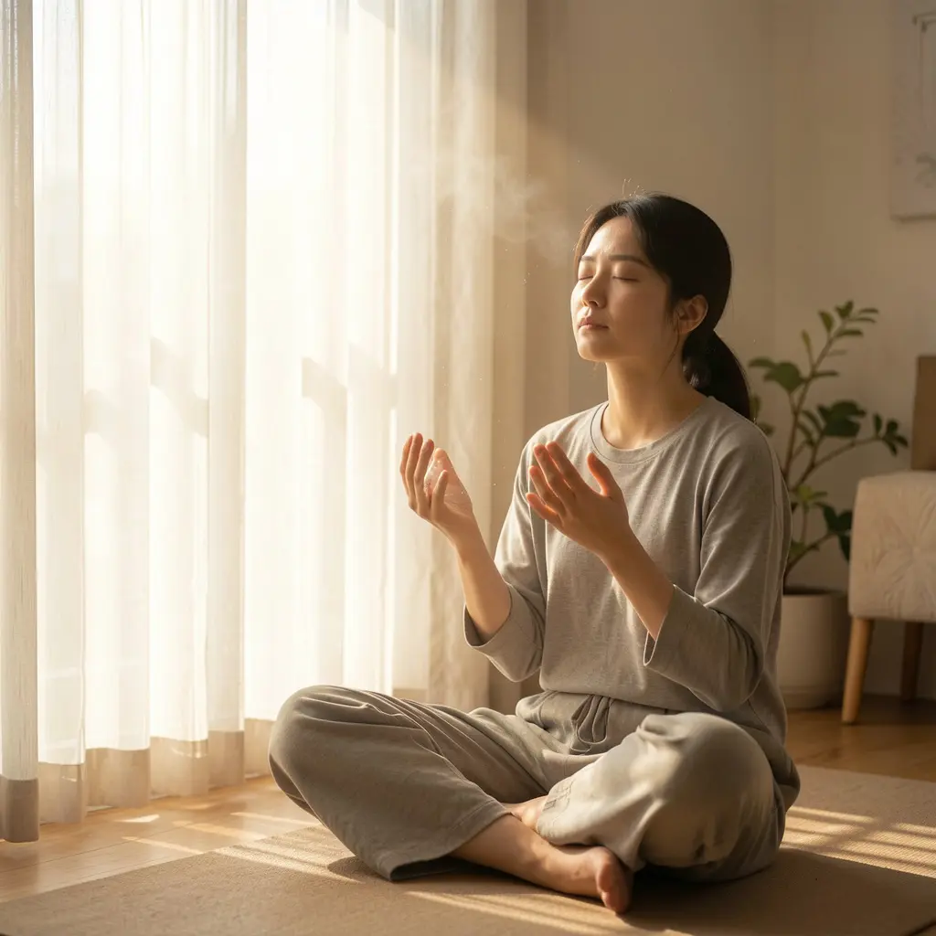 Person sitting peacefully in a sunlit room practicing mindful breathing